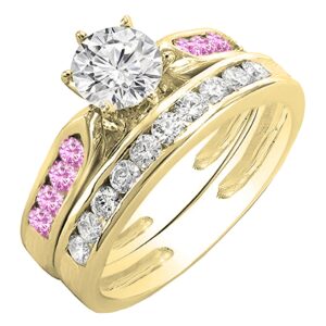 dazzlingrock collection round pink sapphire & white diamond ladies wedding ring set in 14k yellow gold, size 7.5