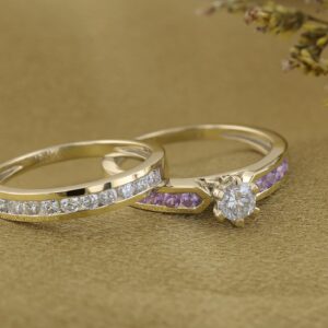 Dazzlingrock Collection Round Pink Sapphire & White Diamond Ladies Wedding Ring Set in 14K Yellow Gold, Size 7.5