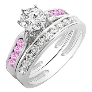 Dazzlingrock Collection Round Pink Sapphire & White Diamond Ladies Wedding Ring Set in 14K White Gold, Size 8