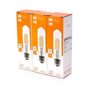 Leadleds 4W Tubular LED Bulb Edison Style COB LED Filament Bulb T10, Non Dimmable E26 Medium Base Lamp 40 Watt Incandescent Bulb Equivalent 2700K Neat Warm White, 3-Pack