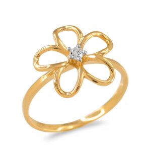 Diamond Solitaire Hawaiian Plumeria Flower Ring in 10k Yellow Gold (Size 8)