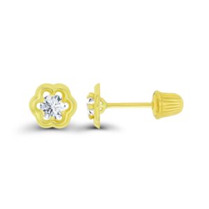 14K Yellow Gold High Polished Small Open French Flower Hat Screw Back Stud Earring