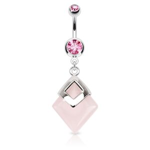 Dynamique Rose Quartz Diamond Shaped Semi Precious Stone Mounted 316L Surgical Steel Belly Button Ring (Sold Per Piece)