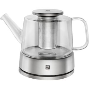 zwilling 39500-142 sorrento tea and coffee pot – 800ml capacity, made from heat-resistant blown glass, narrow-meshed tea strainer, 18/10 stainless-steel lid and tealight warmer, dishwasher safe