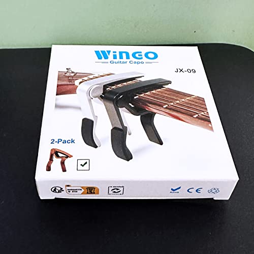 WINGO 6 String Single-handed Guitar Capo For Acoustic Electric Guitar - 2 Pack of Black and Silver