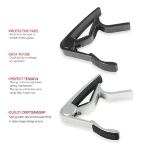 WINGO 6 String Single-handed Guitar Capo For Acoustic Electric Guitar - 2 Pack of Black and Silver