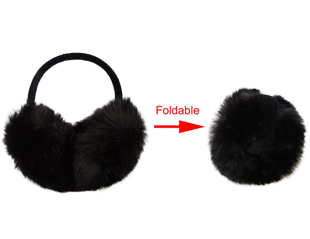 LETHMIK Women's Faux Fur Foldable Big Earmuffs Winter Outdoor Ear Warmers Black