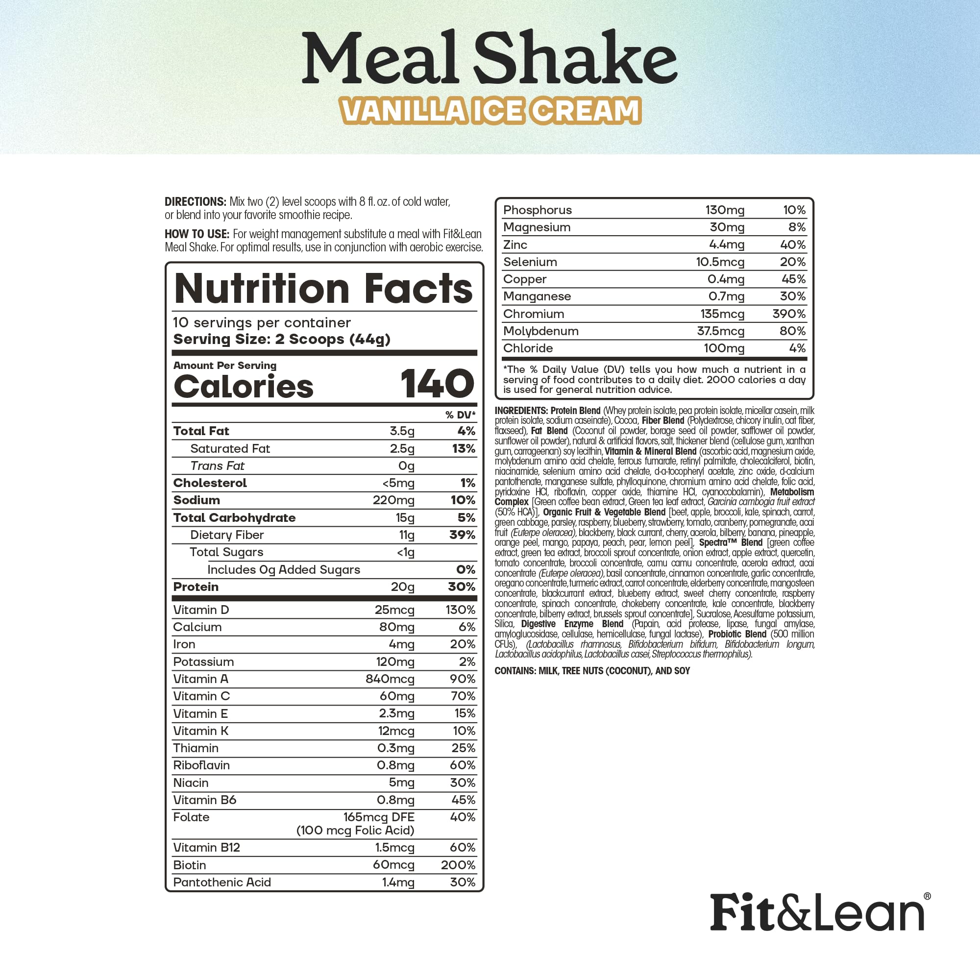 Fit & Lean Meal Shake, Fat Burning Meal Replacement, Protein, Fiber, Probiotics, Vanilla, 1lb, 10 Servings Per Container