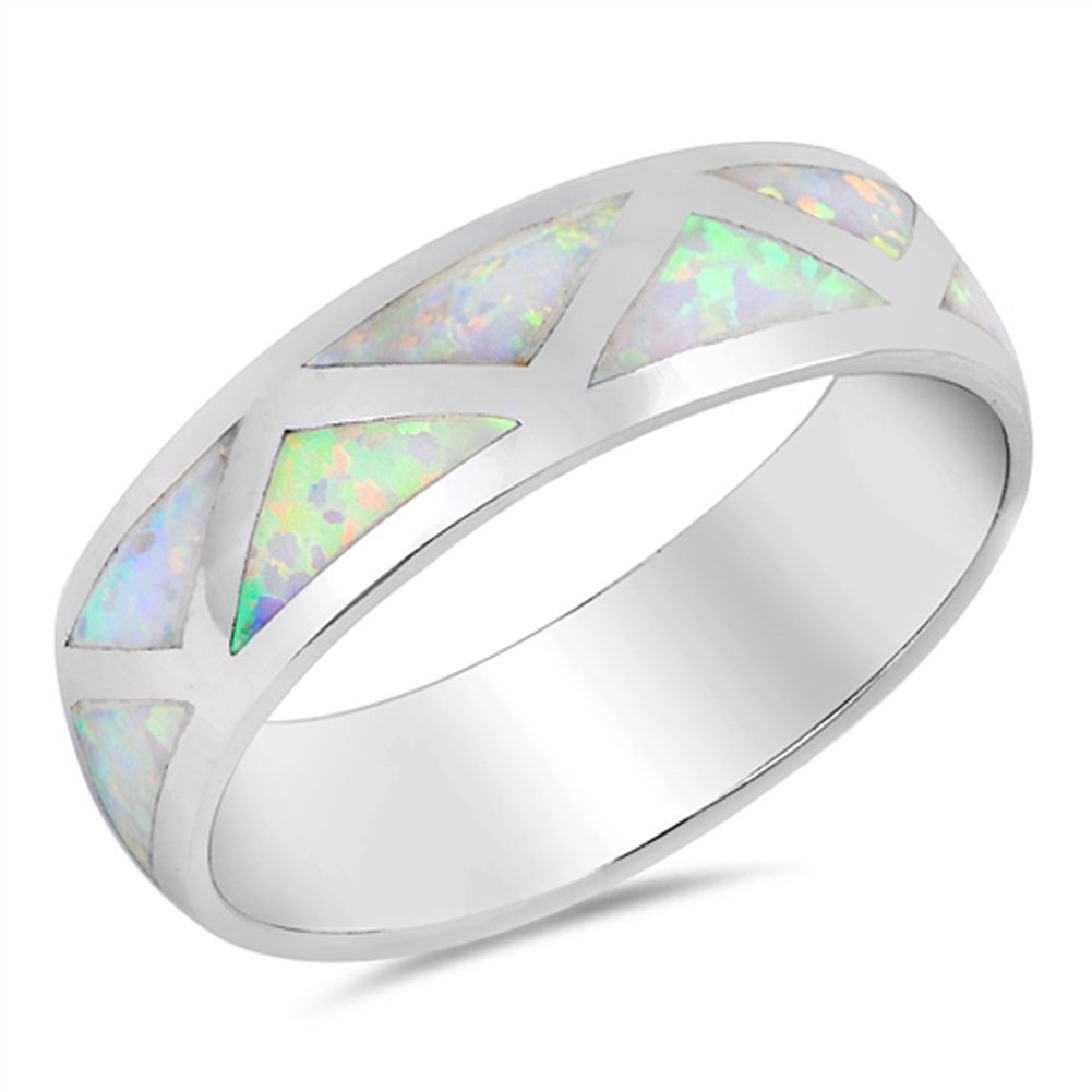 White Simulated Opal Triangle Grid Wedding Ring .925 Sterling Silver Band Size 9