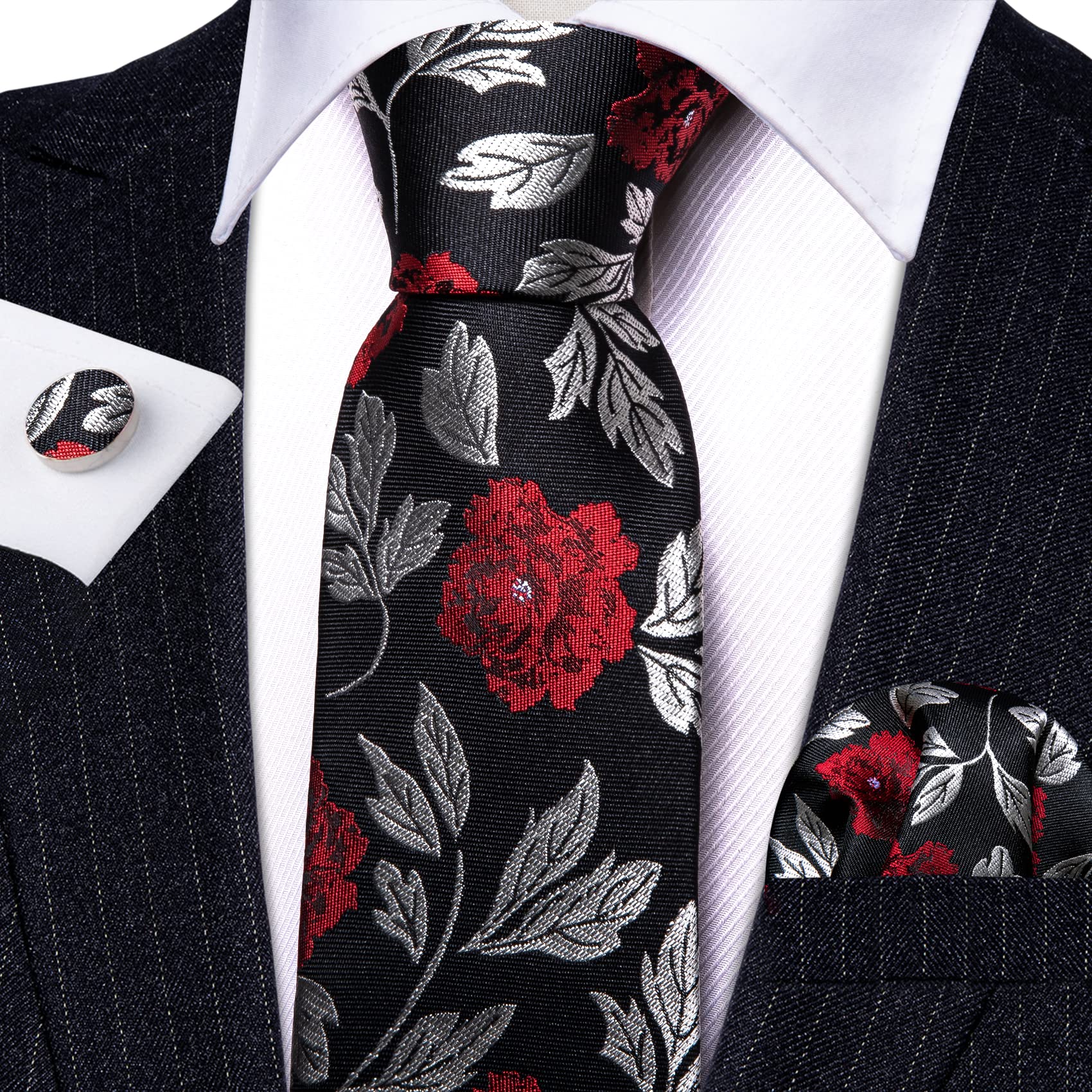 Barry.Wang Men's Classic Floral Necktie Set,Black Red,One Size