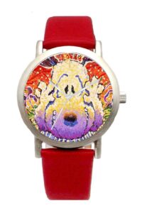 rich snoopy by everhart featuring tom everhart's image of snoopy in nobody barks in l.a. on the unisex size brushed chrome watch with a red leather strap