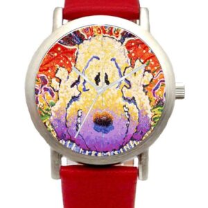 RICH Snoopy by Everhart Featuring Tom Everhart's Image of Snoopy in Nobody Barks in L.A. On The Unisex Size Brushed Chrome Watch with A Red Leather Strap