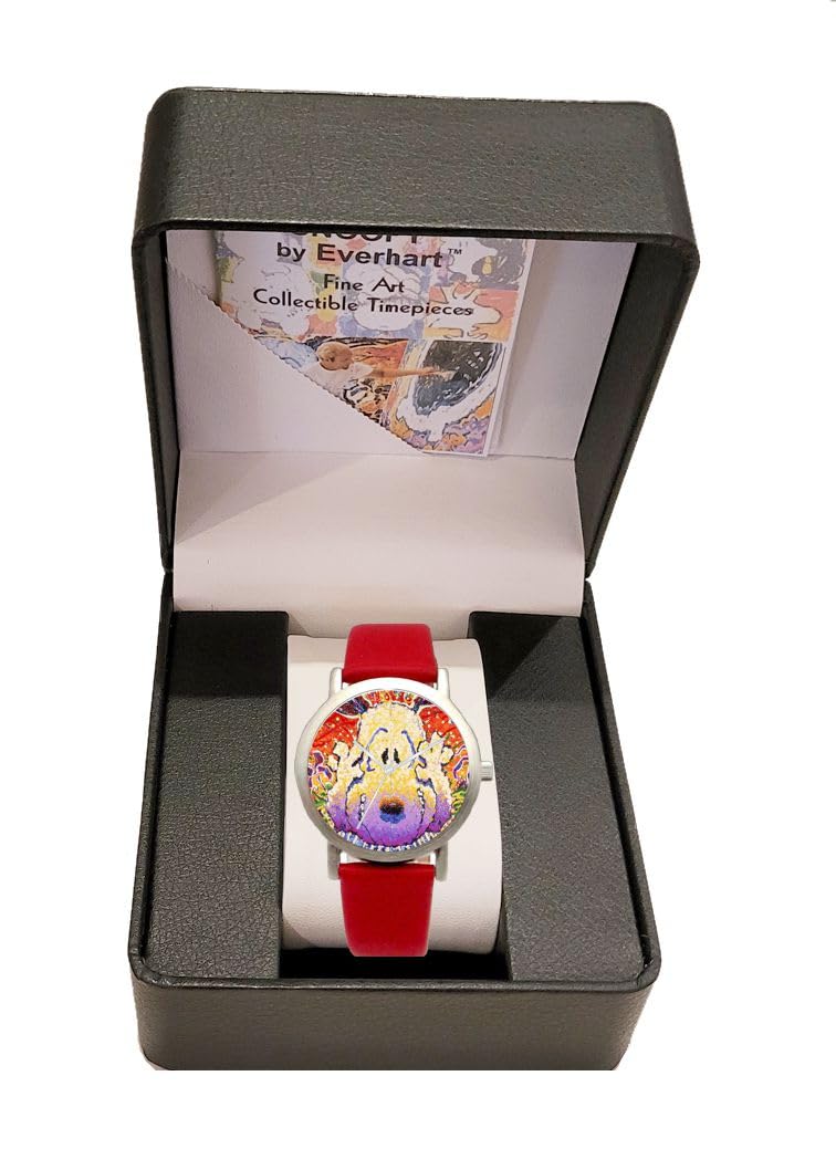 RICH Snoopy by Everhart Featuring Tom Everhart's Image of Snoopy in Nobody Barks in L.A. On The Unisex Size Brushed Chrome Watch with A Red Leather Strap