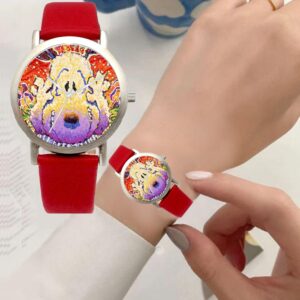 RICH Snoopy by Everhart Featuring Tom Everhart's Image of Snoopy in Nobody Barks in L.A. On The Unisex Size Brushed Chrome Watch with A Red Leather Strap