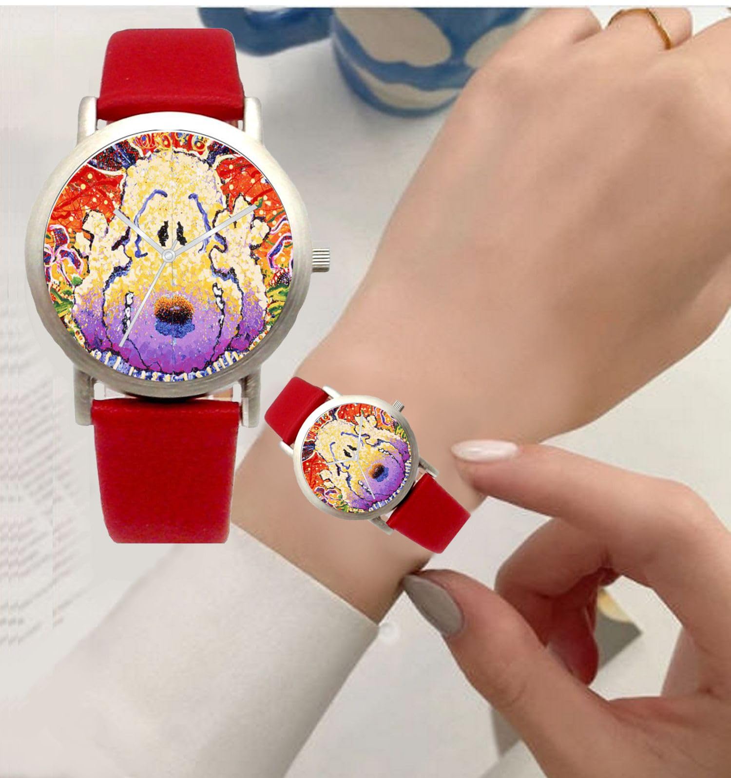 RICH Snoopy by Everhart Featuring Tom Everhart's Image of Snoopy in Nobody Barks in L.A. On The Unisex Size Brushed Chrome Watch with A Red Leather Strap