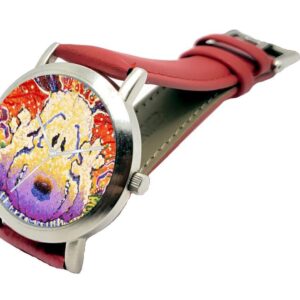 RICH Snoopy by Everhart Featuring Tom Everhart's Image of Snoopy in Nobody Barks in L.A. On The Unisex Size Brushed Chrome Watch with A Red Leather Strap