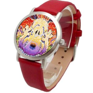 RICH Snoopy by Everhart Featuring Tom Everhart's Image of Snoopy in Nobody Barks in L.A. On The Unisex Size Brushed Chrome Watch with A Red Leather Strap