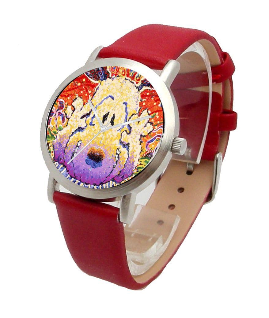 RICH Snoopy by Everhart Featuring Tom Everhart's Image of Snoopy in Nobody Barks in L.A. On The Unisex Size Brushed Chrome Watch with A Red Leather Strap