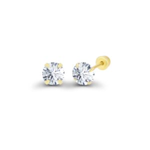 solid 14k yellow gold hypoallergenic round cubic zirconia solitaire stud earrings with secure ball screw backs for women, 3mm