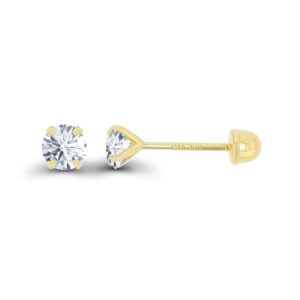 Solid 14k Yellow Gold Hypoallergenic Round Cubic Zirconia Solitaire Stud Earrings With Secure Ball Screw Backs For Women, 3mm