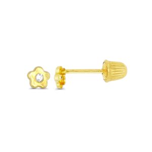 14K Yellow Gold High Polished Mini Flower Hat Screw Back Stud Earring