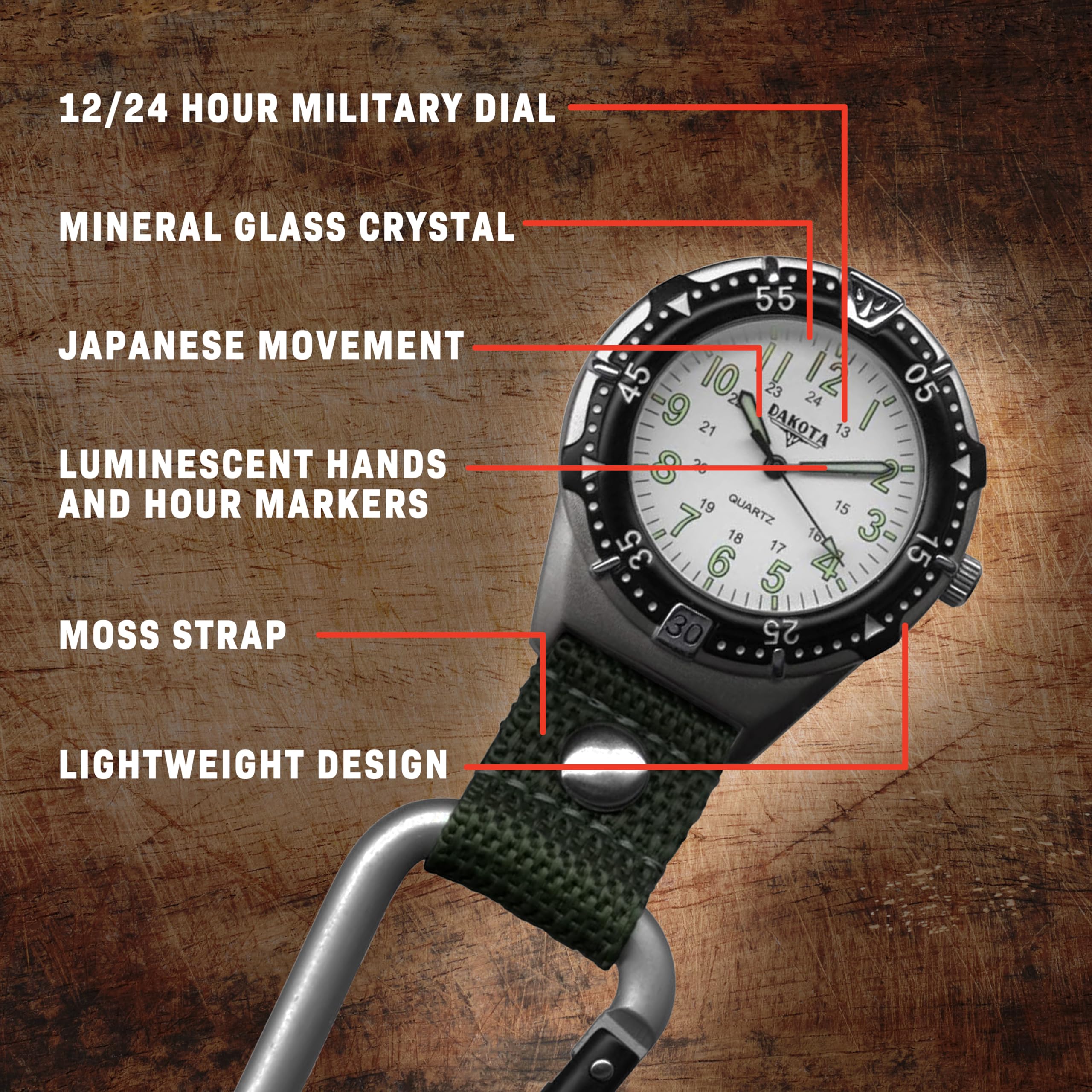 Dakota Backpacker Clip, Watch, Lightweight watch, Outdoor Gifts for Men and Women, Use for Fishing, Hunting, Golf and More, Tactical, Watch-Green