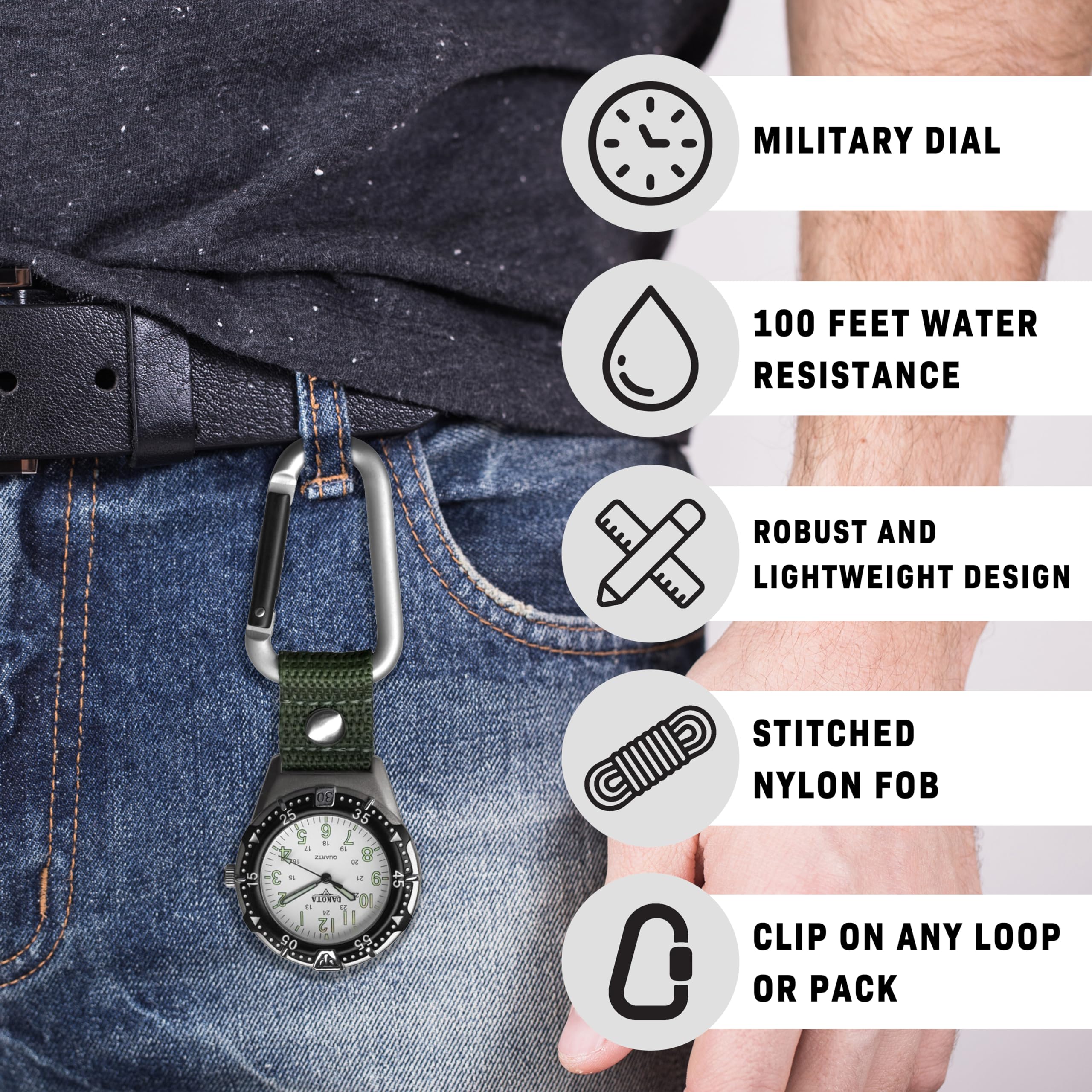 Dakota Backpacker Clip, Watch, Lightweight watch, Outdoor Gifts for Men and Women, Use for Fishing, Hunting, Golf and More, Tactical, Watch-Green