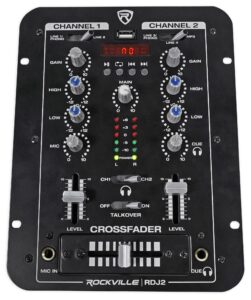 rockville 2 channel dj mixer with usb, cue monitor, talkover, 4 line inputs (rdj2)