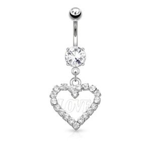 crystal paved hollow heart with love dangle 316l surgical steel belly button wildklass navel rings (sold by piece)