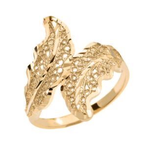 Double Laurel Wreath Leaf Filigree Ring in High Polish 14k Yellow Gold (Size 10)