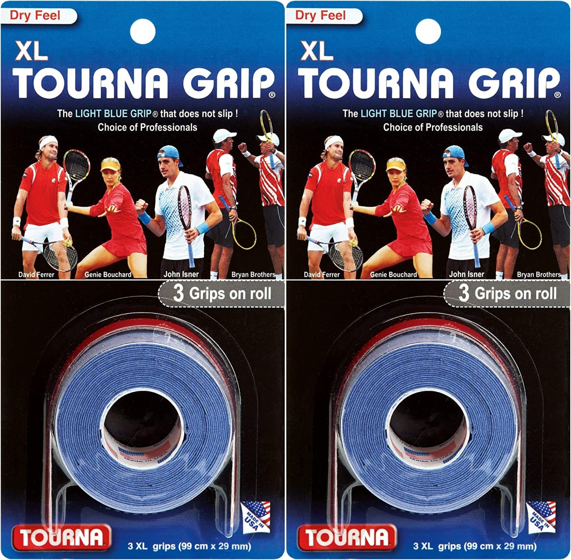 Unique Sports Tourna Tennis 3 XL Overgrips Absorbent Dry Feel Tournagrip Blue (2-Pack)