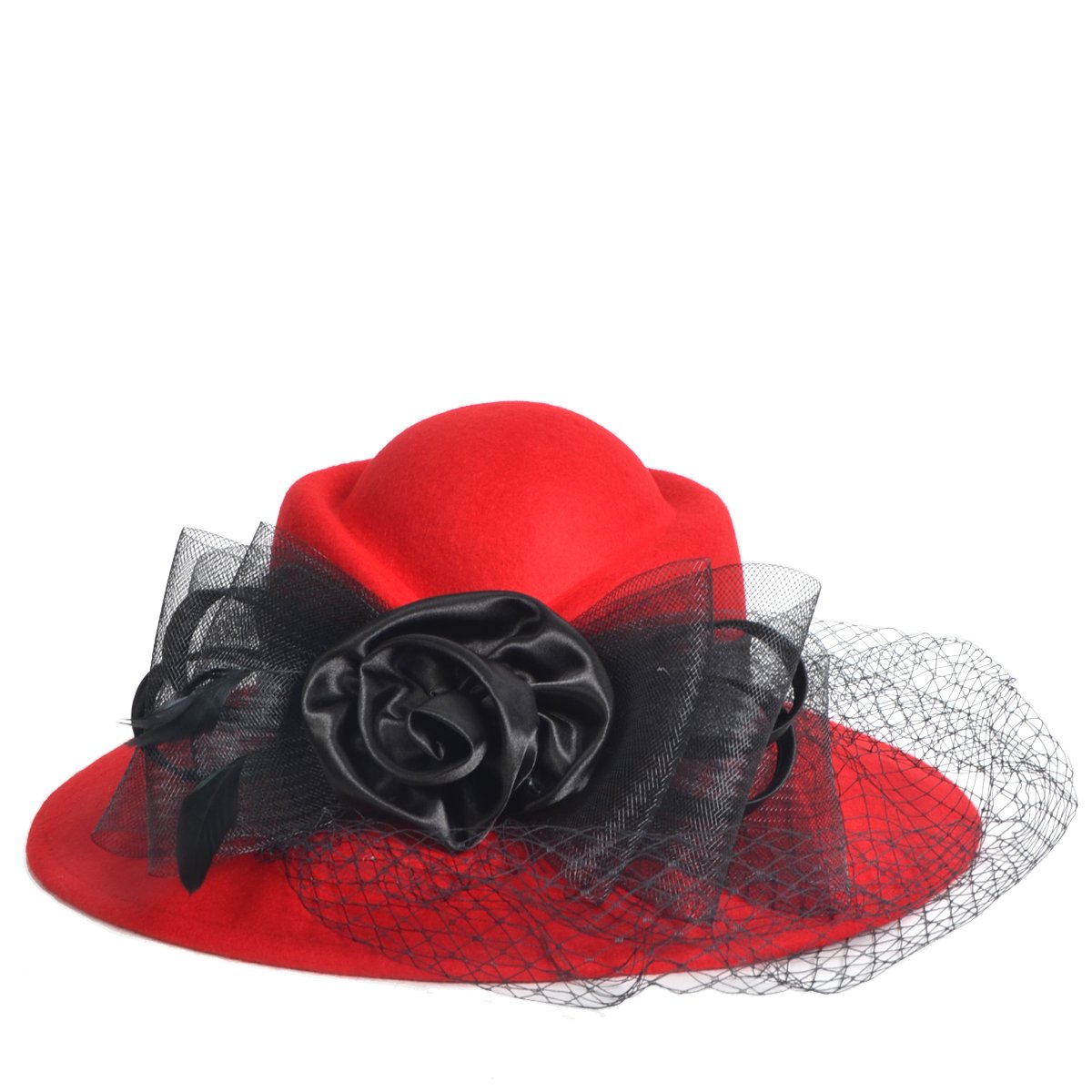 VECRY Women's Fascinator Wool Felt Hat Cocktail Party Wedding Fedora Hats (B-Red)