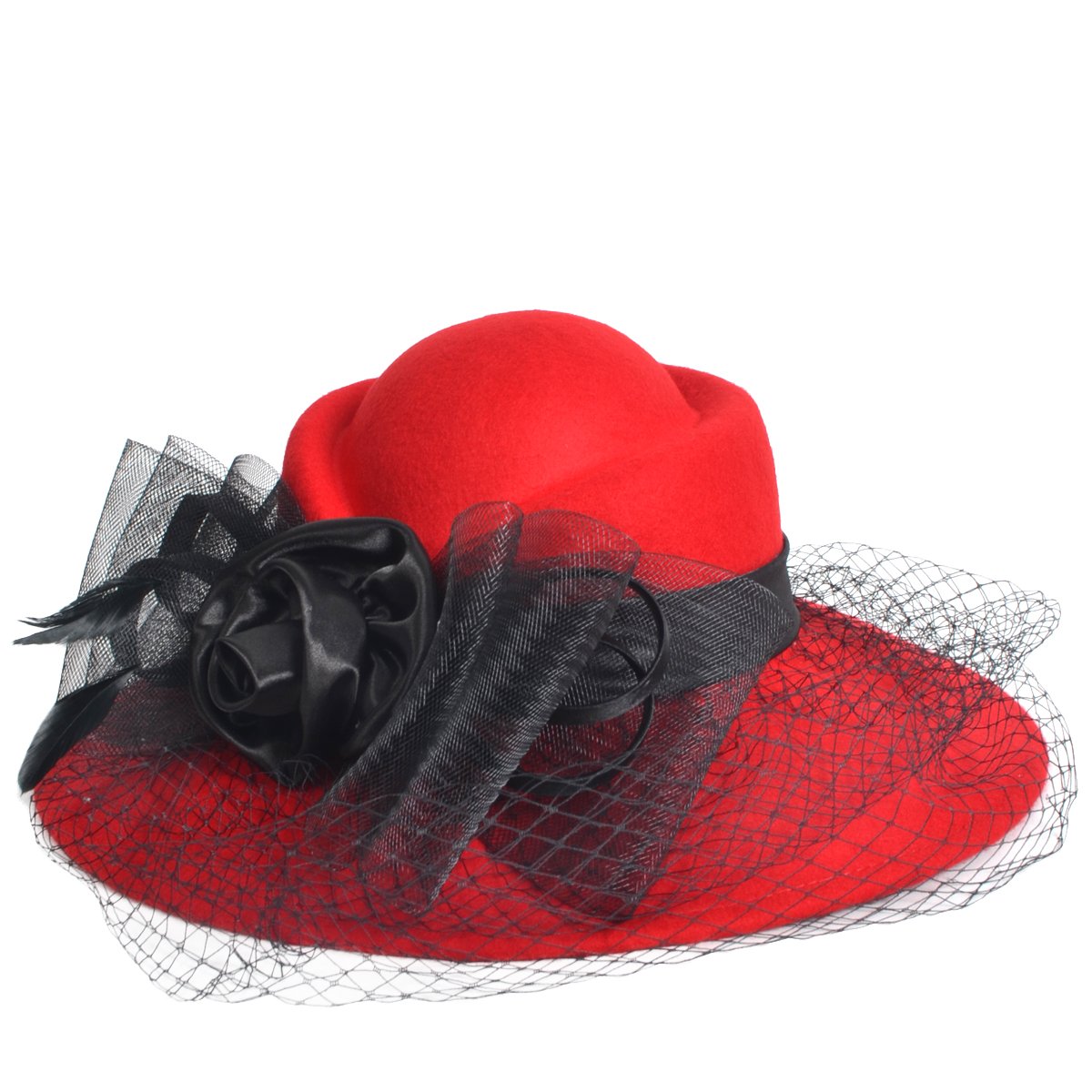 VECRY Women's Fascinator Wool Felt Hat Cocktail Party Wedding Fedora Hats (B-Red)