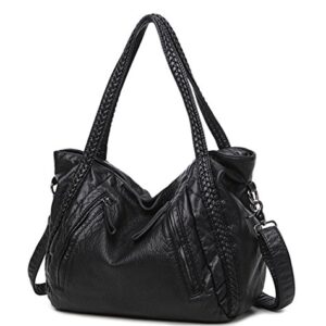 Big Capacity Slouchy Soft Leather Women Black Handbag Shoulder Hobo Bag Lady Tote Purse Crossbody Satchel (Large)