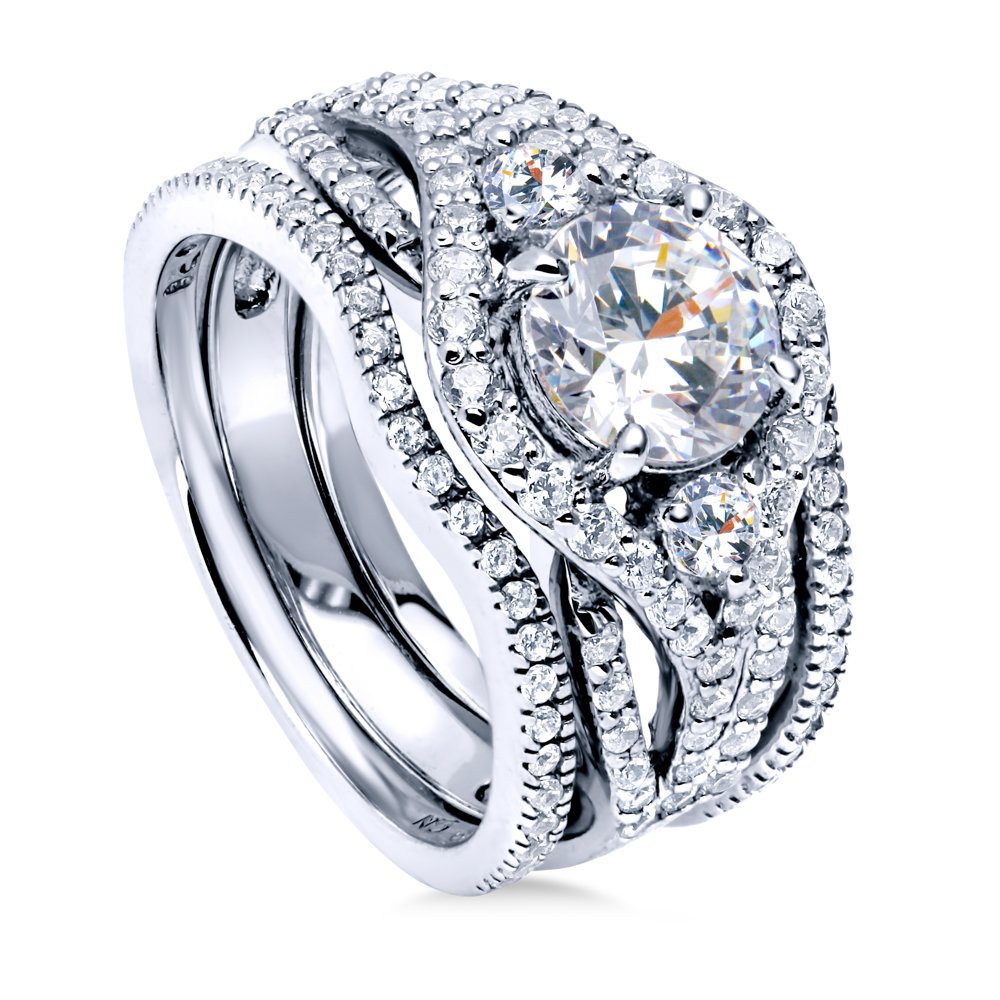 BERRICLE Sterling Silver 3-Stone Wedding Engagement Rings Round Cubic Zirconia CZ Ring Set for Women, Rhodium Plated Size 8.5