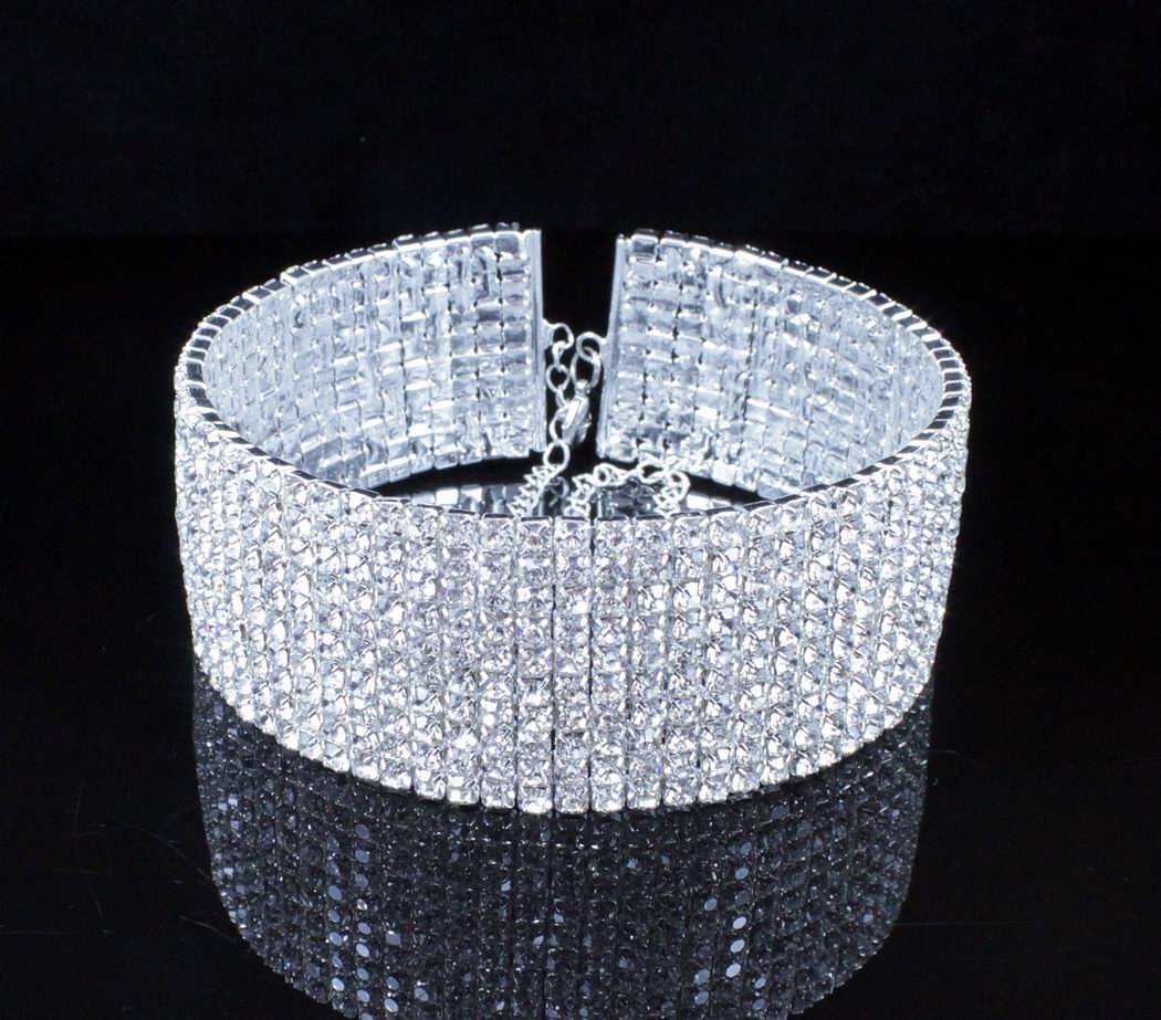 10-Row Clear Austrian Crystal Rhinestone Choker Necklace Silver Party WED N088 (10 Row Silver)