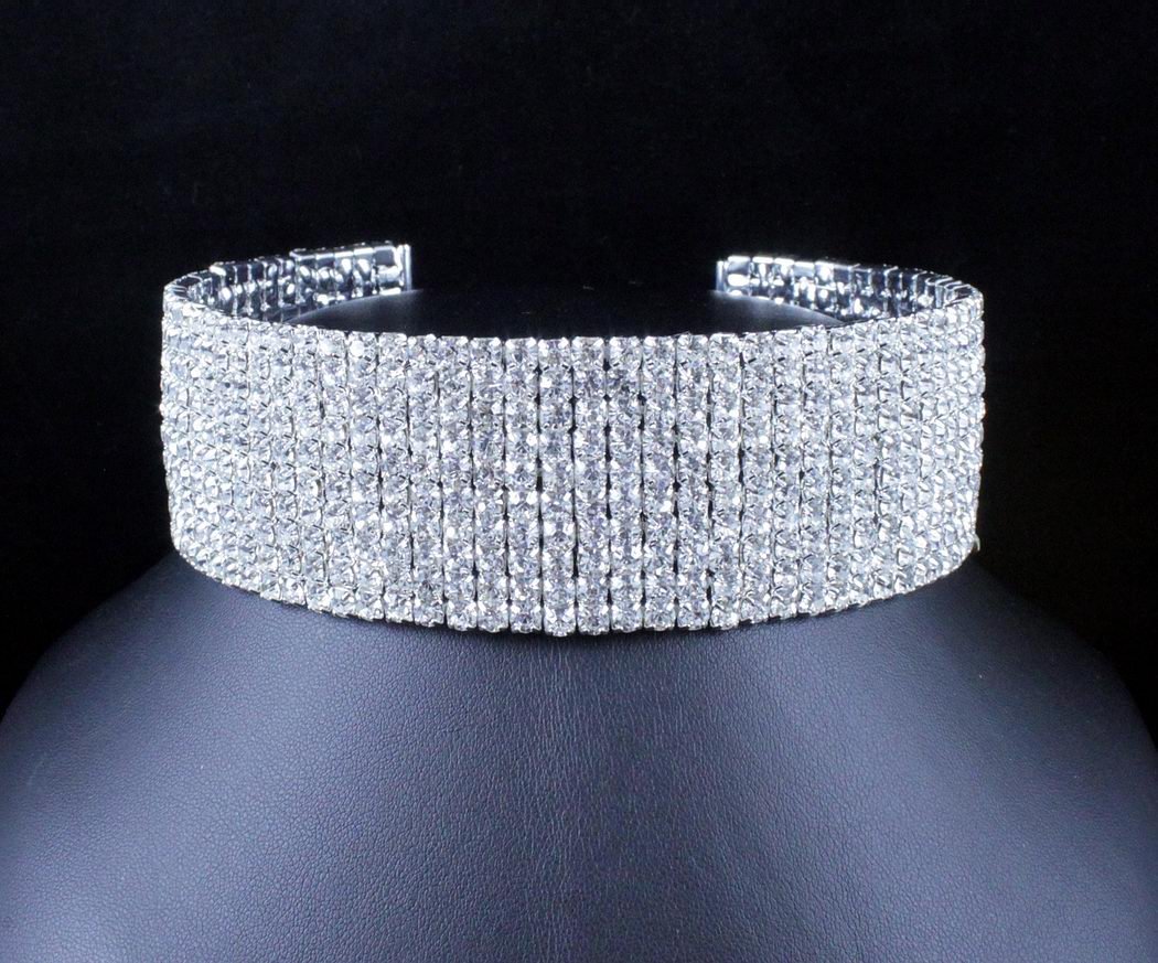 10-Row Clear Austrian Crystal Rhinestone Choker Necklace Silver Party WED N088 (10 Row Silver)