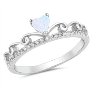 clear cz white simulated opal heart tiara ring .925 sterling silver band size 6