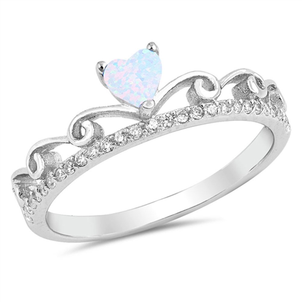 Clear CZ White Simulated Opal Heart Tiara Ring .925 Sterling Silver Band Size 6