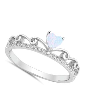 Clear CZ White Simulated Opal Heart Tiara Ring .925 Sterling Silver Band Size 6