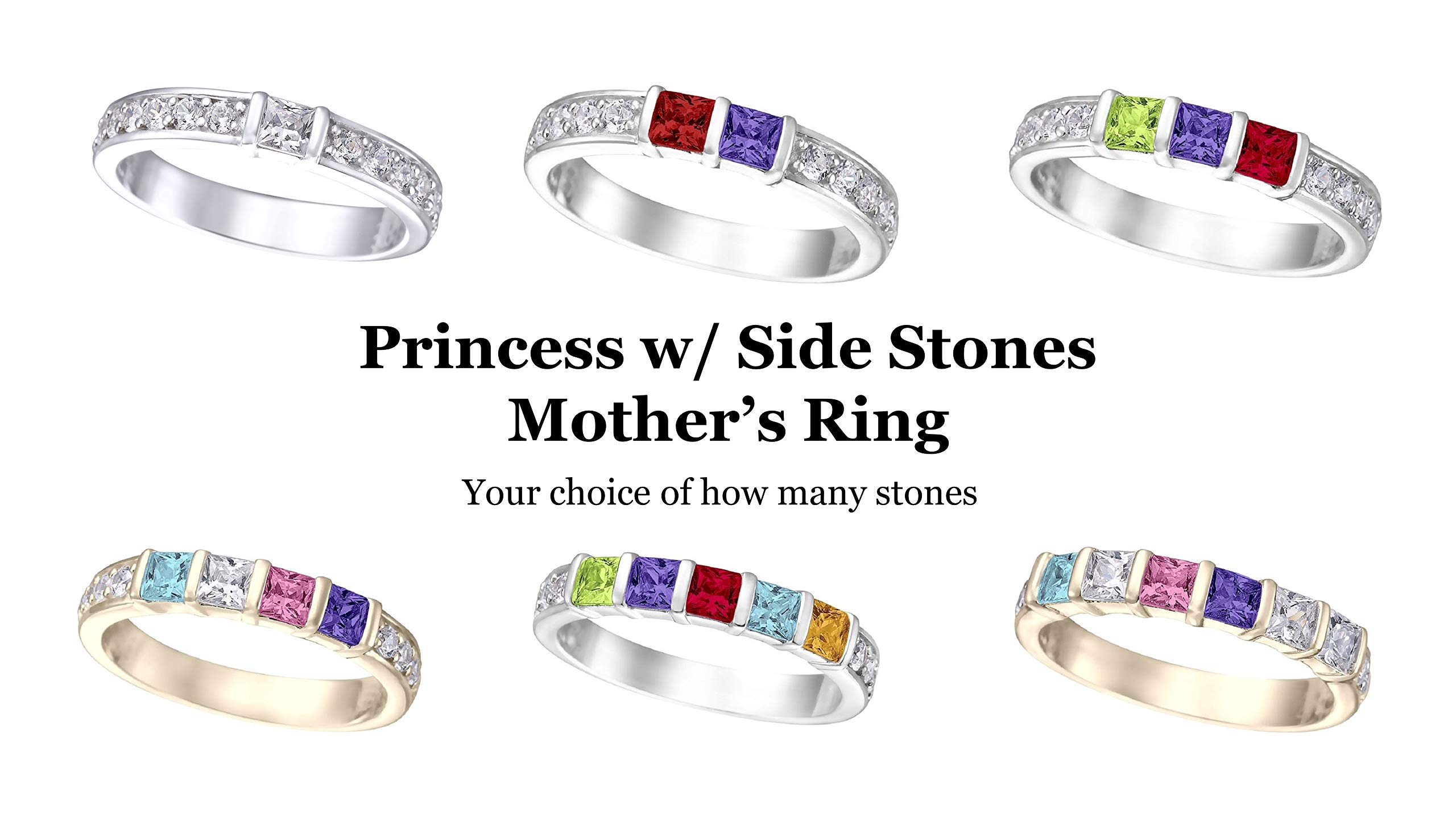 Central Diamond Center Princess with side CZs Mothers rings 1 to 6 Simulated Birthstones - Sterling Silver - Size 7