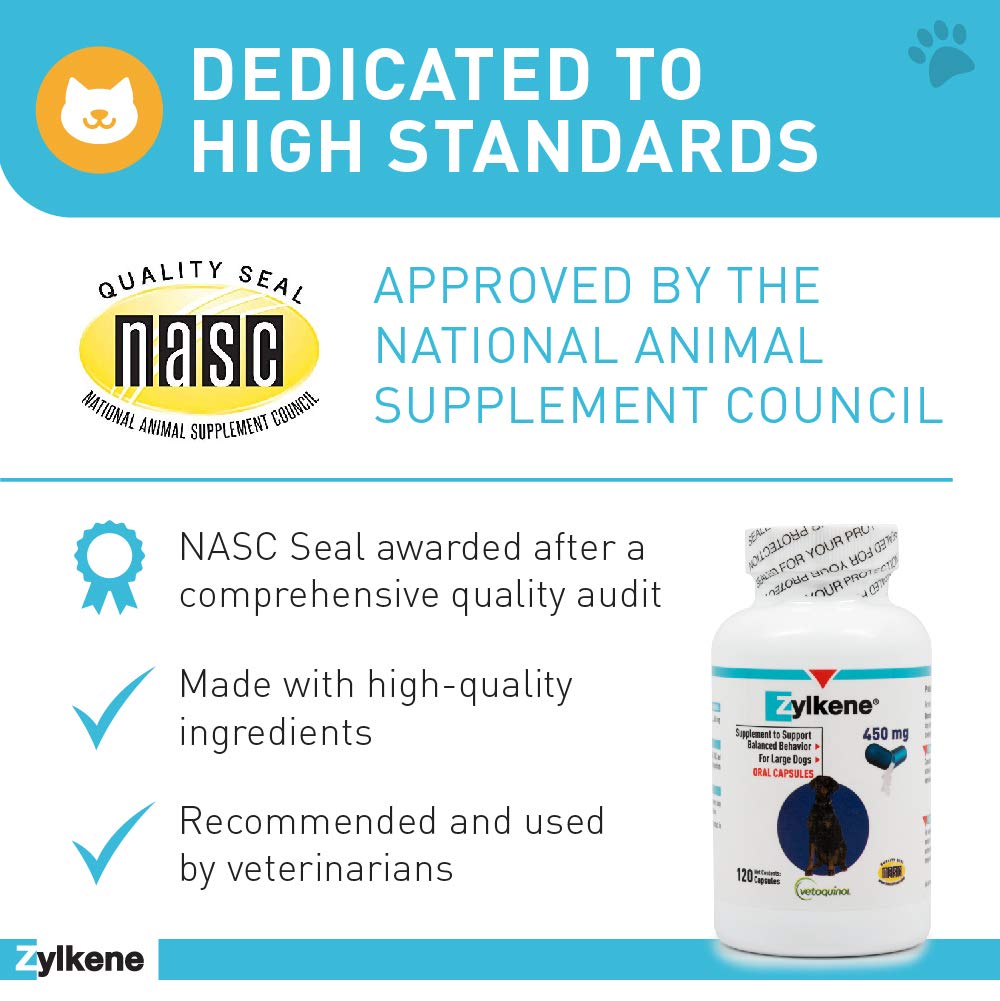 Vetoquinol Zylkene Calming Support Supplement for Large Dogs 33-132lbs, Helps Promote Relaxation and Reduce External Stress Factors, Daily Behavioral Support and Anxiety Relief for Dogs, 450mg