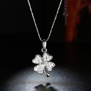 NABTYJC Platinum plated Four Leaf Clover Pendant Necklace, Heart Leaves Paved with Cubic Zirconium Diamond Gift for Women Girls 18"+2" extension chain