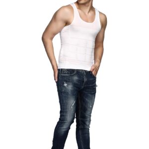 Odoland Men's Body Shaper Slimming Shirt Tummy Vest Thermal Compression Base Layer Slim Muscle Tank Top Shapewear, White, L