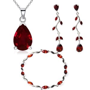 Crystalline Azuria Teardrops Set with Red Zirconia Crystals Necklace 18 inches Dangle Earrings Bracelet 18K White Gold Plated