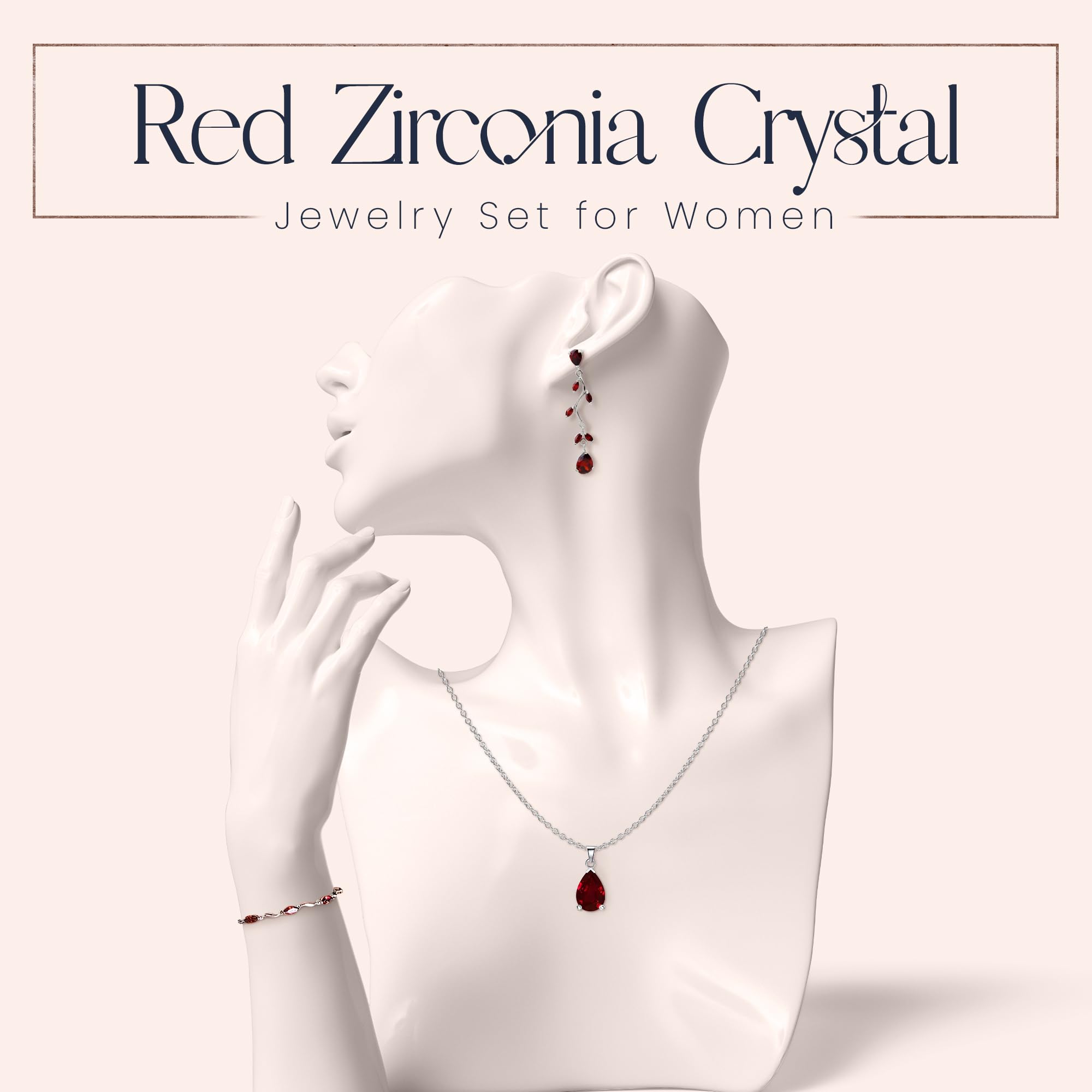 Crystalline Azuria Teardrops Set with Red Zirconia Crystals Necklace 18 inches Dangle Earrings Bracelet 18K White Gold Plated