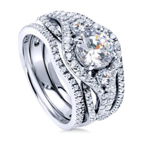 BERRICLE Sterling Silver 3-Stone Wedding Engagement Rings Round Cubic Zirconia CZ Ring Set for Women, Rhodium Plated Size 7.5