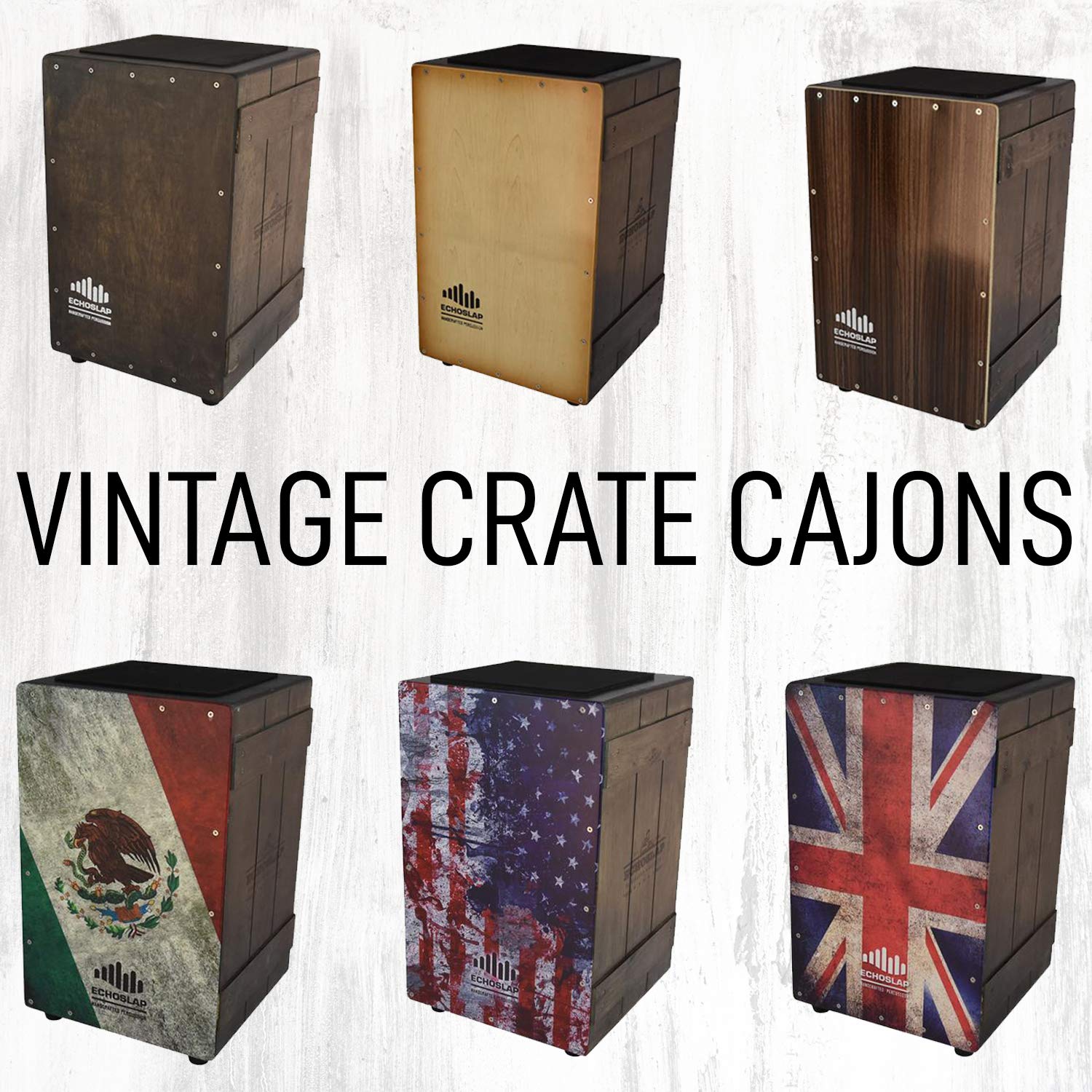 Echoslap Vintage Crate Cajon -Vintage Dark, Hand Crafted, Siam Oak Body, Maple Front Plus Gig Bag