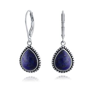 Boho Western Style Blue Lapis Lazuli Semi Precious Pear Shaped Teardrop Lever Back Dangle Drop Earrings For Women Teen Oxidized .925 Sterling Silver