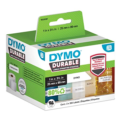 DYMO LW Durable Industrial Labels for LabelWriter Label Printers, White Poly, 1” x 3-1/2”, 2 Rolls of 350 (700 Total)